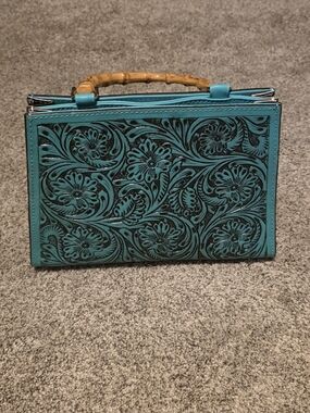Turquoise Hand Tooled Top-Handle Bag with Bamboo Accent